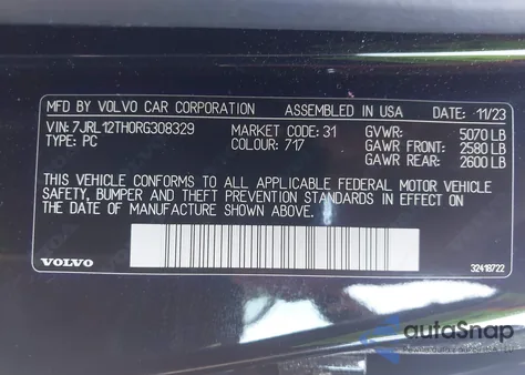 2024 Volvo S60 B5 Plus Black Edition z USA, uszkodzony, nr VIN 7JRL12TH0RG308329